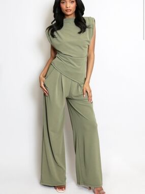 2 Piece Pant And Top Asymmetrical Blouse Olive Green Medium